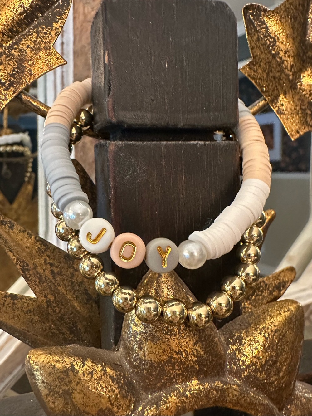 JOY Beaded Stretch Bracelet Set in White, Blush & Gold